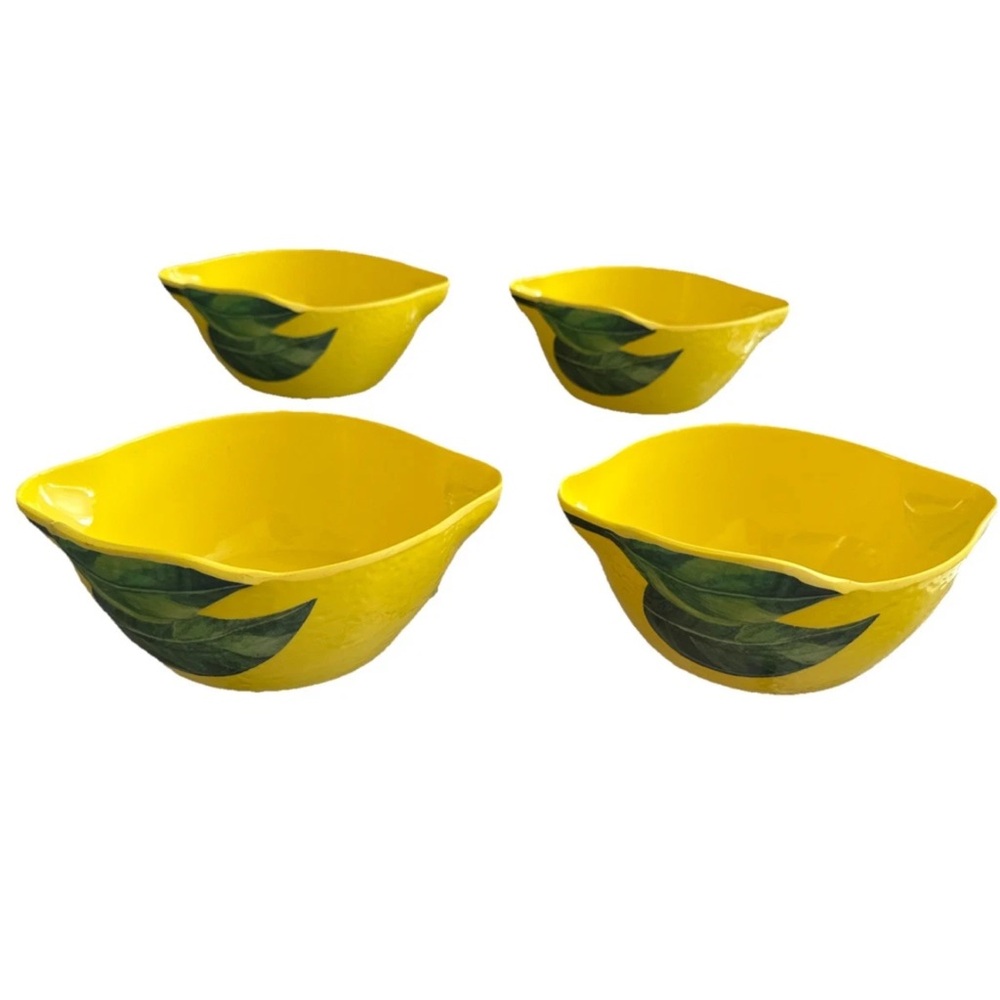 Nicole Miller Yellow Ceramic Serving Bowls with Green Leaf Motif - Set of 4